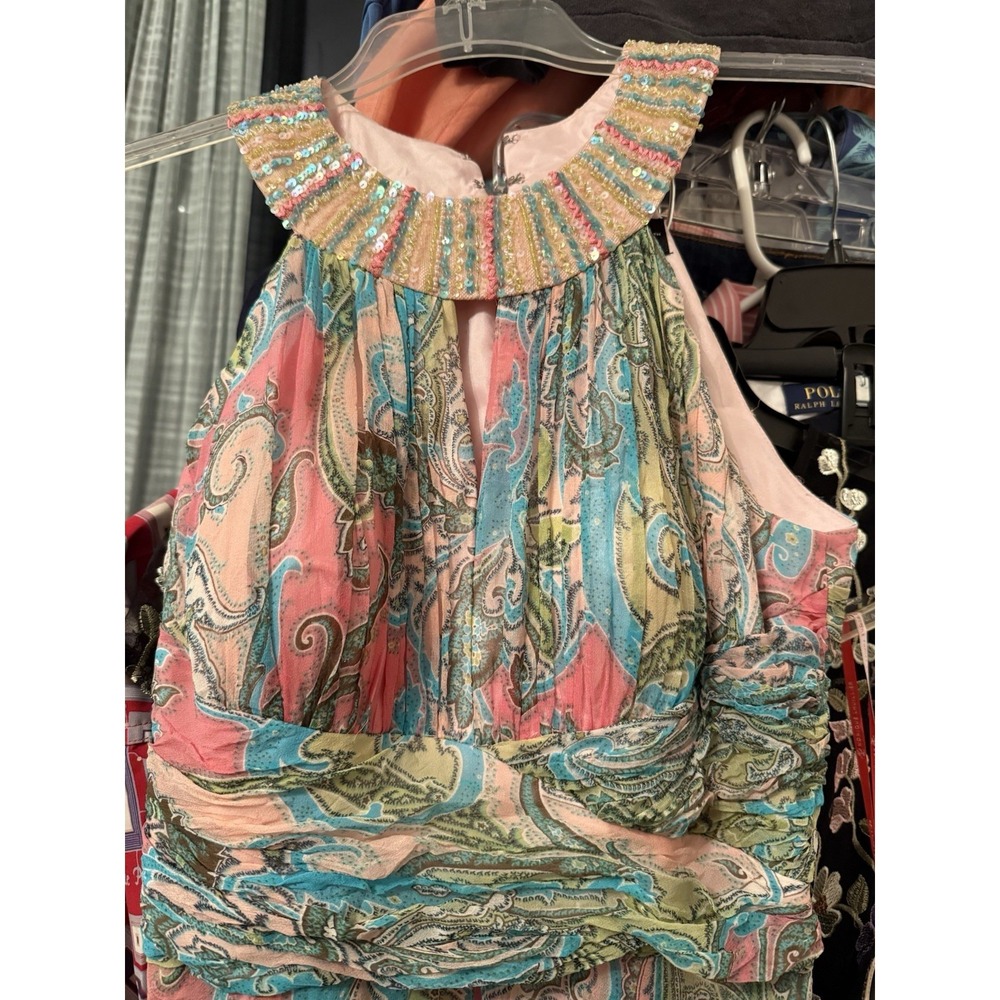 Cachet Women's Sz 6 Dress Pink & Green Blue Beaded Neckline Paisley Print - Picture 15 of 16